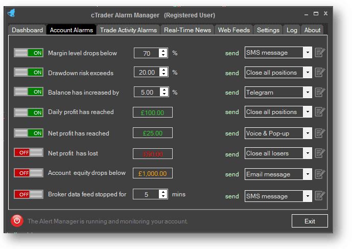 cTrader Alarm Manager Account